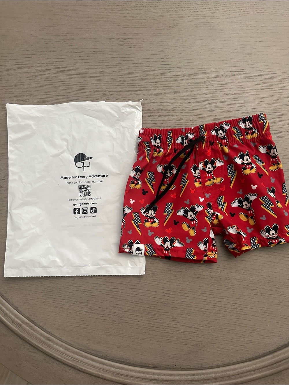 George Hats Red Mickey Mouse Swim Shorts with Black Drawstring